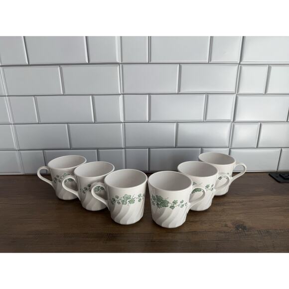 6 Vintage Corning Callaway Ivy White Swirl Corning Ceramic Coffee Cups Mugs USA - Picture 1 of 8